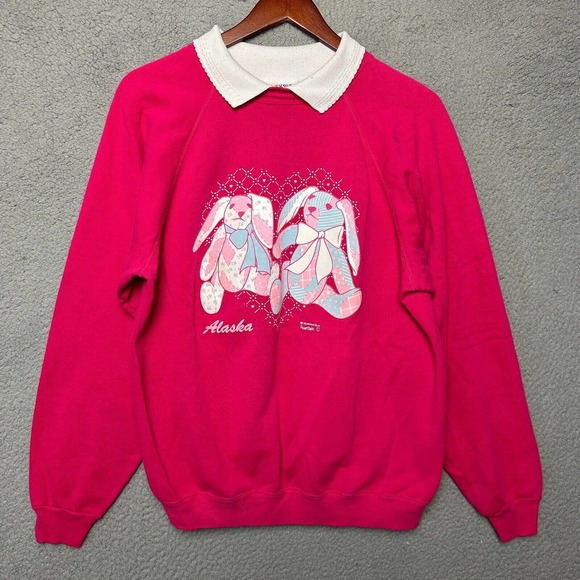 VTG Morning Sun Sweatshirt Women Extra Large Pink Collared Retro Ribbon Pullover - Picture 1 of 11